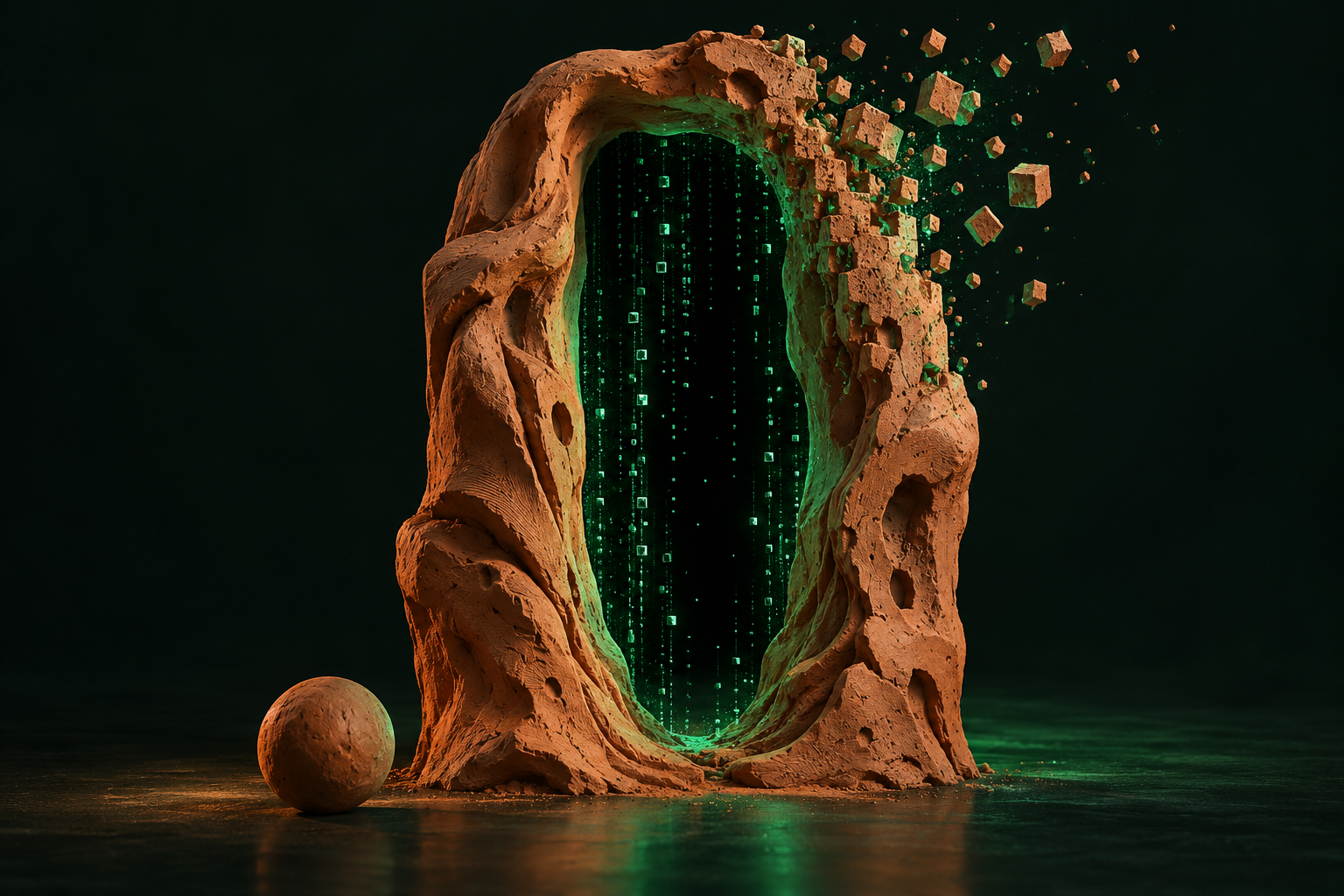 An irregular terracotta clay portal with green digital symbols in its dark opening